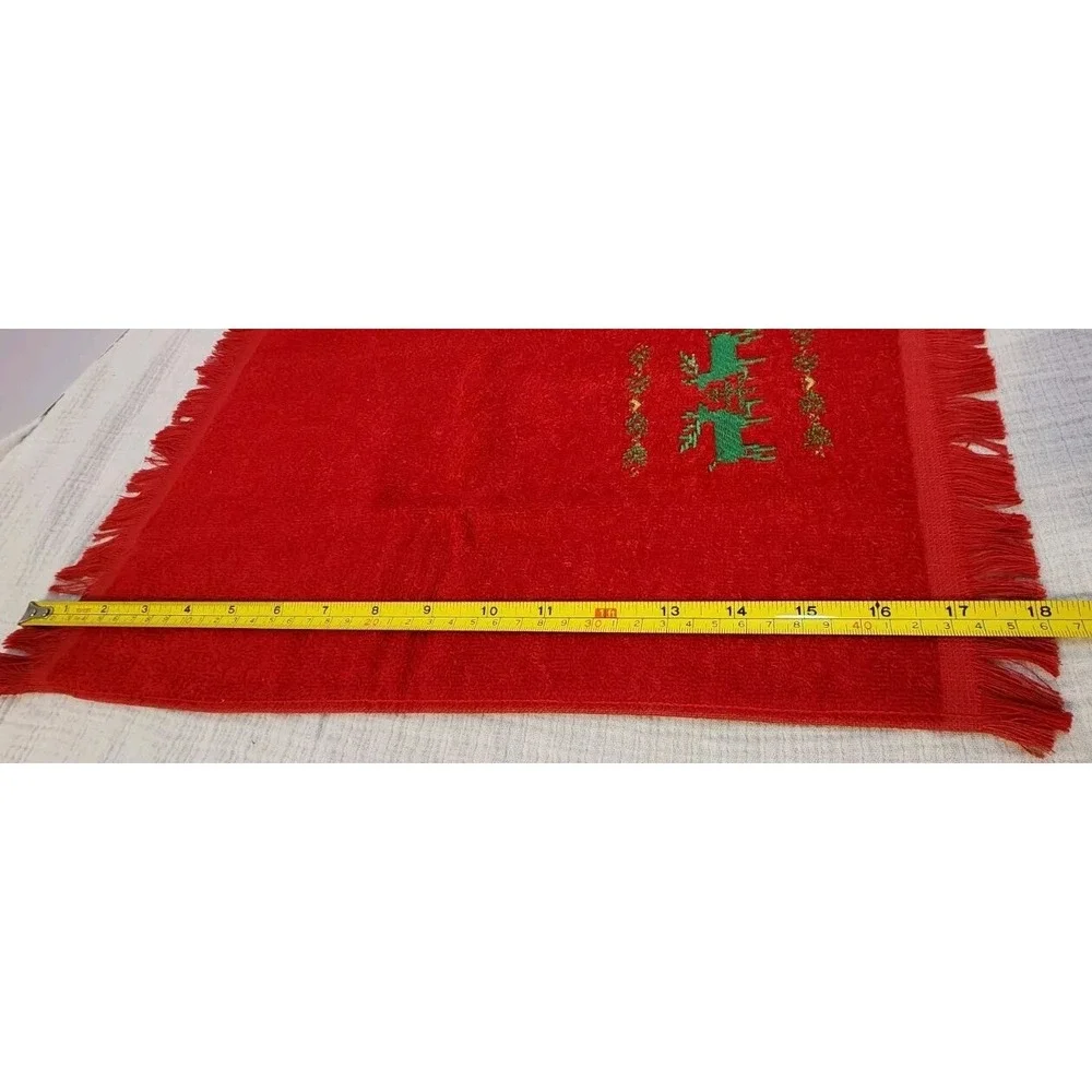 Vintage Lot of 4 RED GREEN Terry‎ Christmas Hand Towels Candle Reindeer Noel